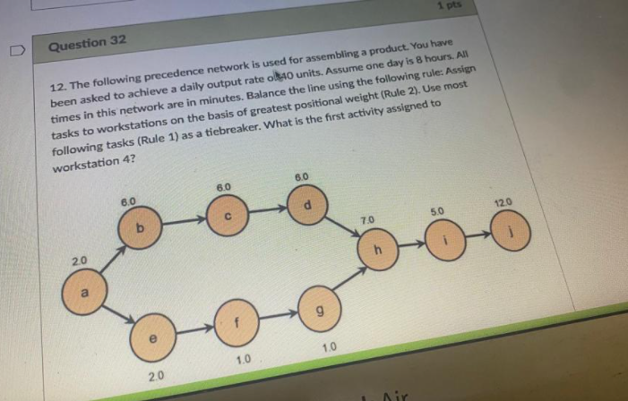 1 Pts Question 32 12 The Following Precedence Network Is Used For Assembling A Product You Have Been Asked To Achieve 1