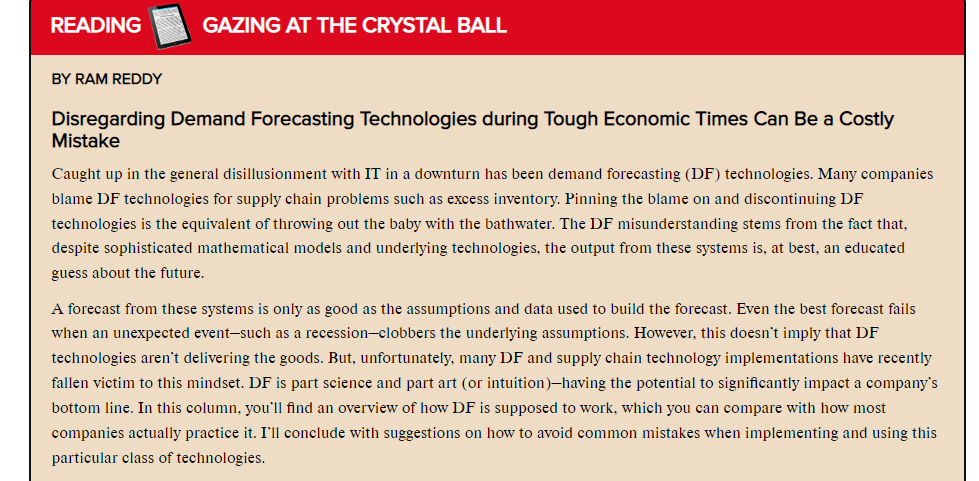 Reading Gazing At The Crystal Ball By Ram Reddy Disregarding Demand Forecasting Technologies During Tough Economic Times 1