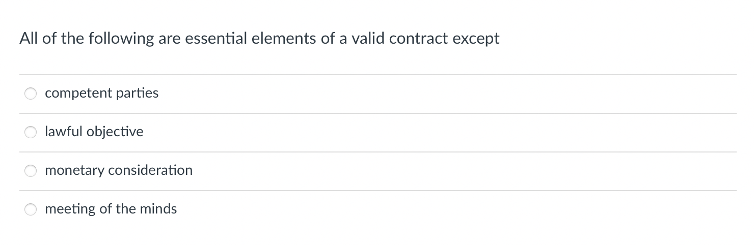 All Of The Following Are Essential Elements Of A Valid Contract Except Competent Parties Lawful Objective Monetary Consi 1