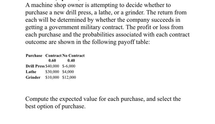 A Machine Shop Owner Is Attempting To Decide Whether To Purchase A New Drill Press A Lathe Or A Grinder The Return Fr 1