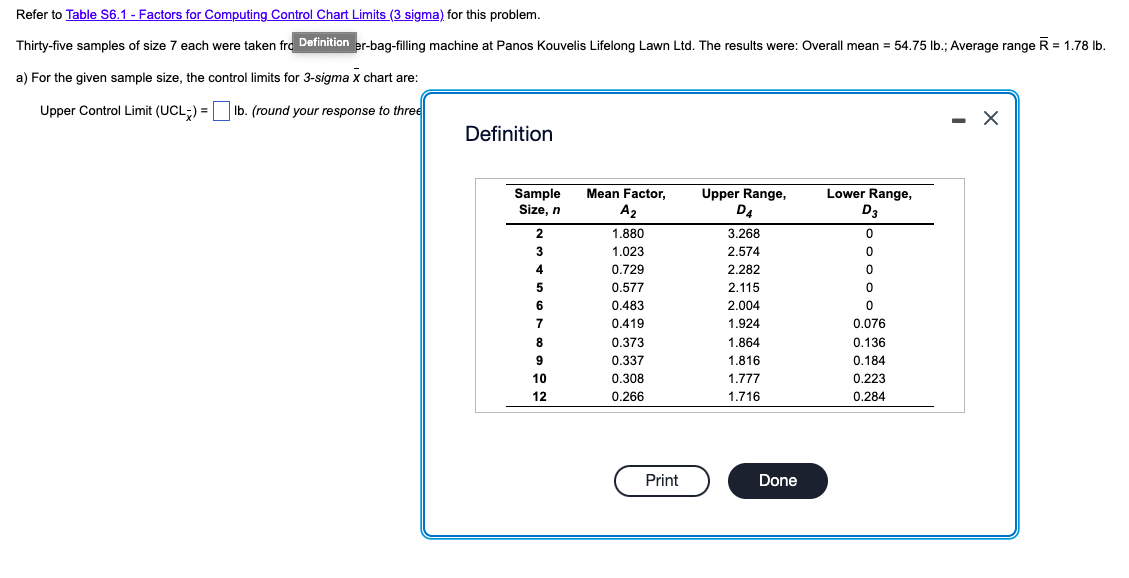 Refer To Table S6 1 Factors For Computing Control Chart Limits 3 Sigma For This Problem R Thirty Five Samples Of Si 1