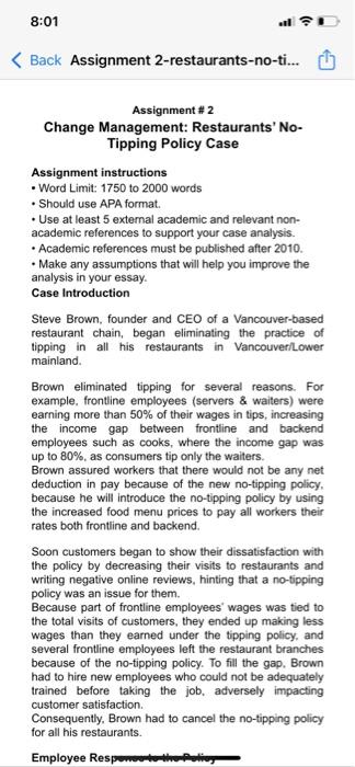 8 01 Back Assignment 2 Restaurants No Ti Assignment 2 Change Management Restaurants No Tipping Policy Case As 1
