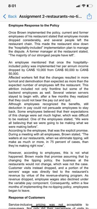 8 01 Back Assignment 2 Restaurants No Ti Assignment 2 Change Management Restaurants No Tipping Policy Case As 2
