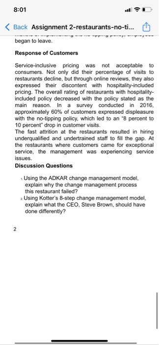 8 01 Back Assignment 2 Restaurants No Ti Assignment 2 Change Management Restaurants No Tipping Policy Case As 3