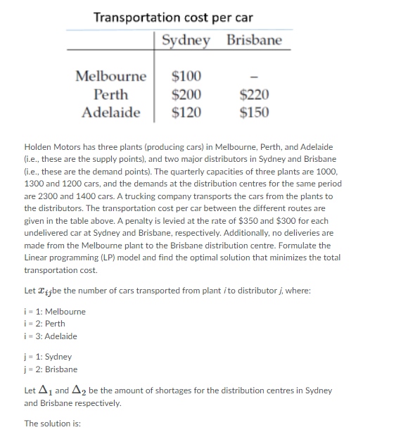 Transportation Cost Per Car Sydney Brisbane Melbourne Perth Adelaide 100 200 120 220 150 Holden Motors Has Three Pl 1