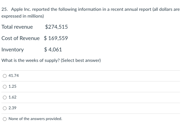 25 Apple Inc Reported The Following Information In A Recent Annual Report All Dollars Are Expressed In Millions Tota 1