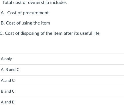 Total Cost Of Ownership Includes A Cost Of Procurement B Cost Of Using The Item C Cost Of Disposing Of The Item After 1