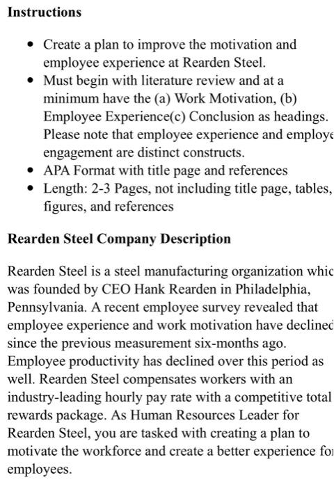 Instructions Create A Plan To Improve The Motivation And Employee Experience At Rearden Steel Must Begin With Liter 1