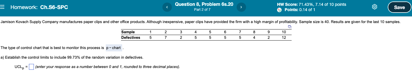 Homework Ch S6 Spc Question 8 Problem 6s 20 Part 2 Of 7 Hw Score 71 43 7 14 Of 10 Points Points 0 14 Of 1 Save 1