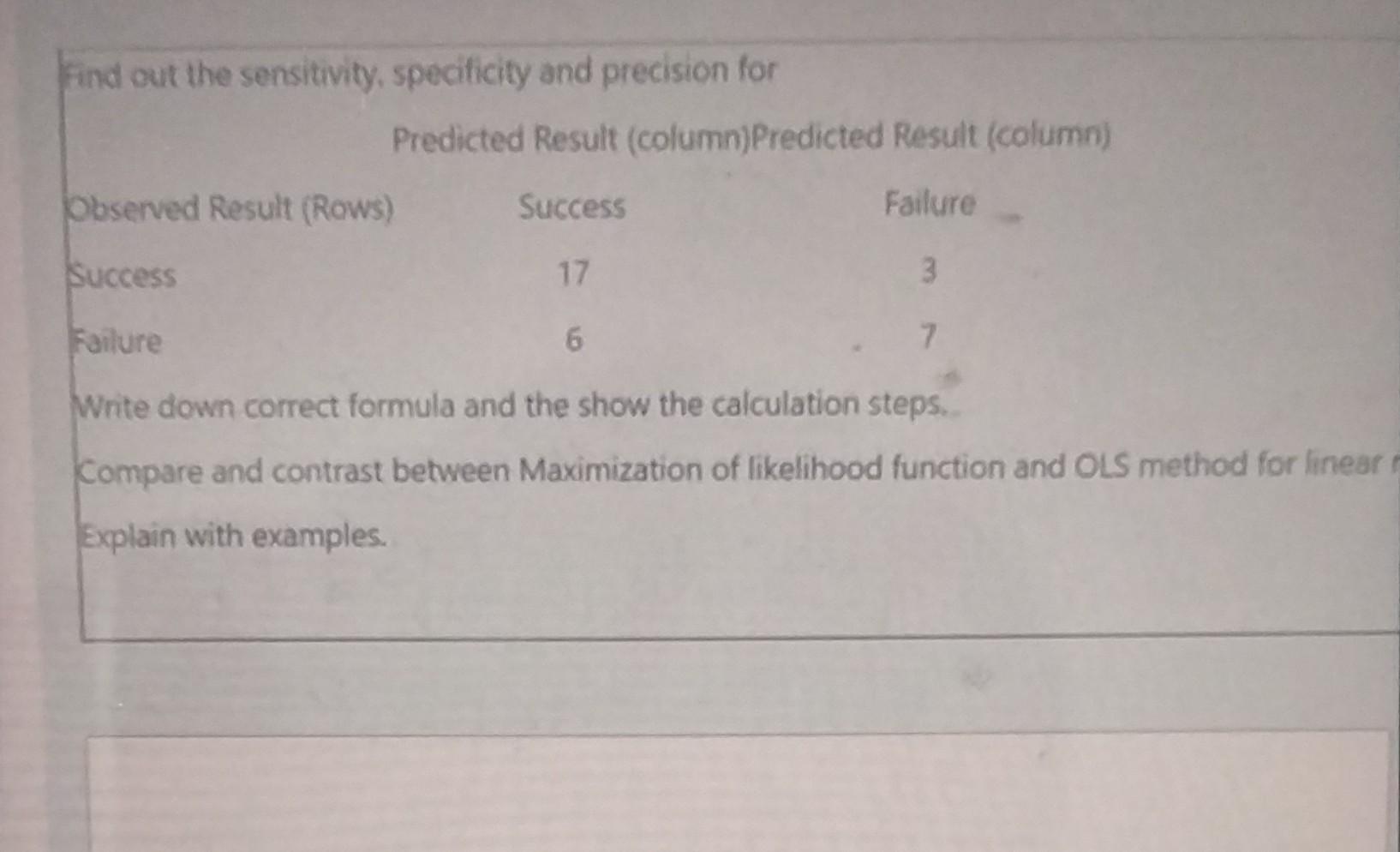 Find Out The Sensitivity Specificity And Precision For Predicted Result Column Predicted Result Column Observed Resu 1