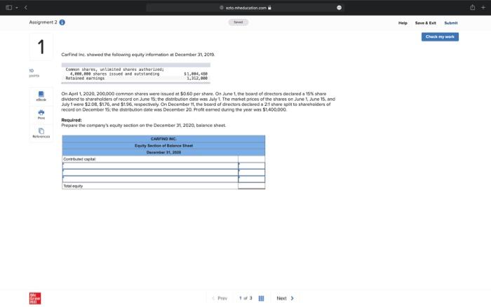 Assignment 2 Help Setti 1 Carfind Inc Showed The Following Equity Information At December 21 2019 10 Carmen Shares Tin 1