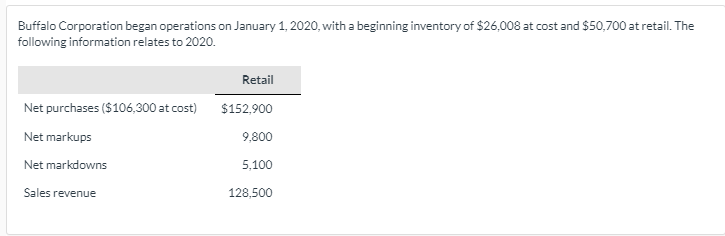 A Buffalo Corporation Began Operations On January 1 2020 With A Beginning Inventory Of 26 008 At Cost And 50 700 At 1