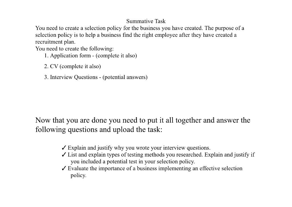 Summative Task You Need To Create A Selection Policy For The Business You Have Created The Purpose Of A Selection Polic 1