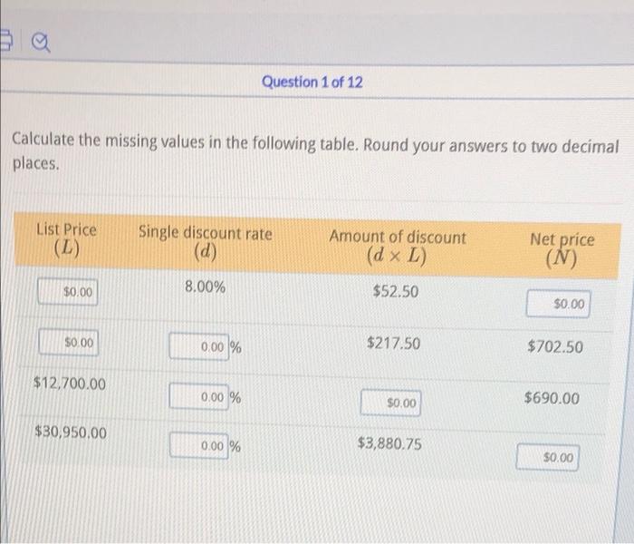 Question 1 Of 12 Calculate The Missing Values In The Following Table Round Your Answers To Two Decimal Places List Pri 1