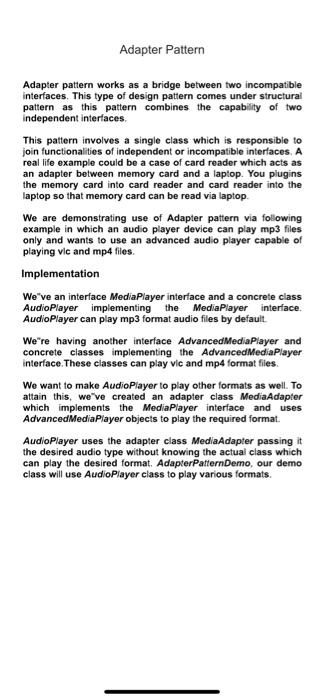 Adapter Pattern Adapter Pattern Works As A Bridge Between Two Incompatible Interfaces This Type Of Design Pattern Comes 1