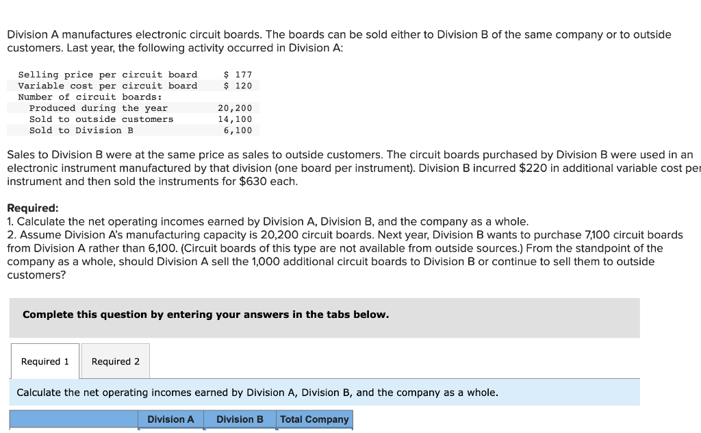 Division A Manufactures Electronic Circuit Boards The Boards Can Be Sold Either To Division B Of The Same Company Or To 1