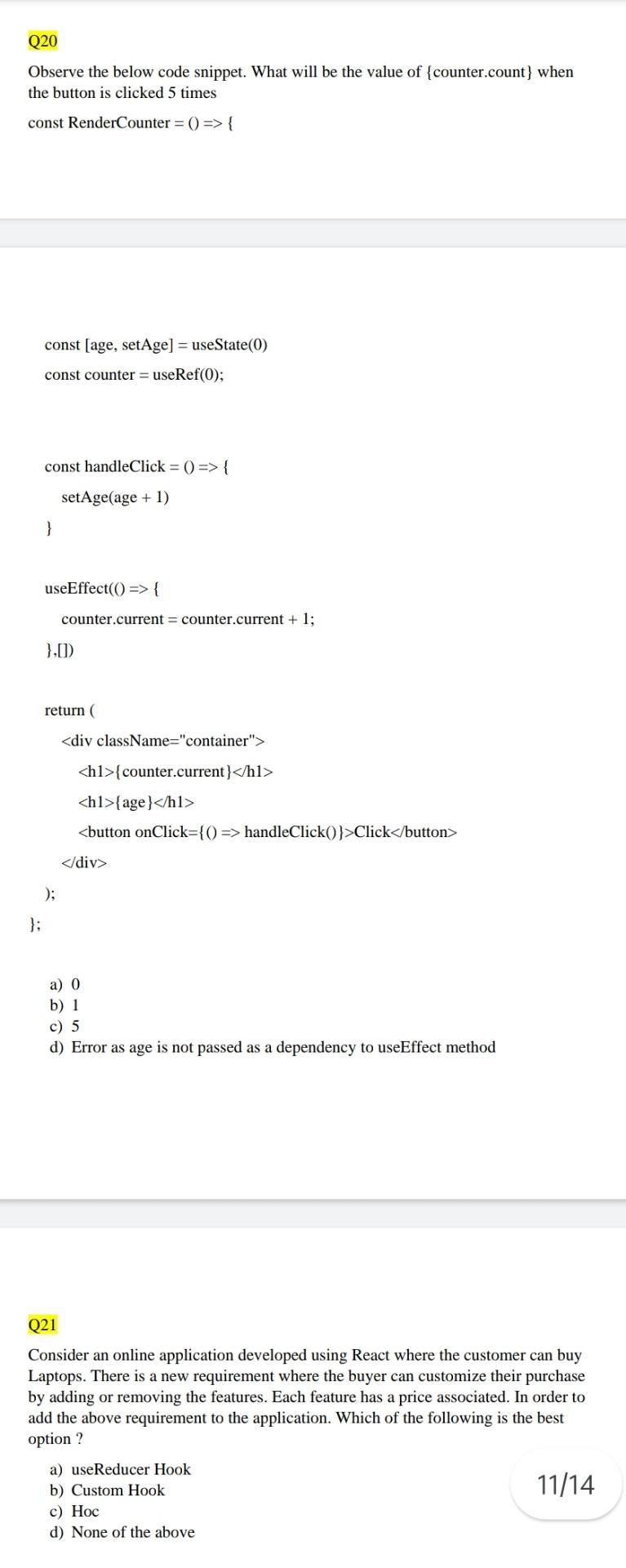Q20 Observe The Below Code Snippet What Will Be The Value Of Counter Count When The Button Is Clicked 5 Times Const R 1