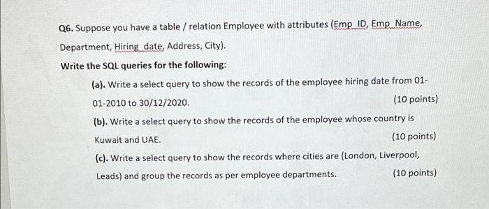 A Q6 Suppose You Have A Table Relation Employee With Attributes Emp Id Emp Name Department Hiring Date Address 1