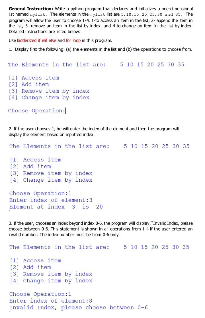 General Instruction Write A Python Program That Declares And Initializes A One Dimensional List Named Mylist The Eleme 1