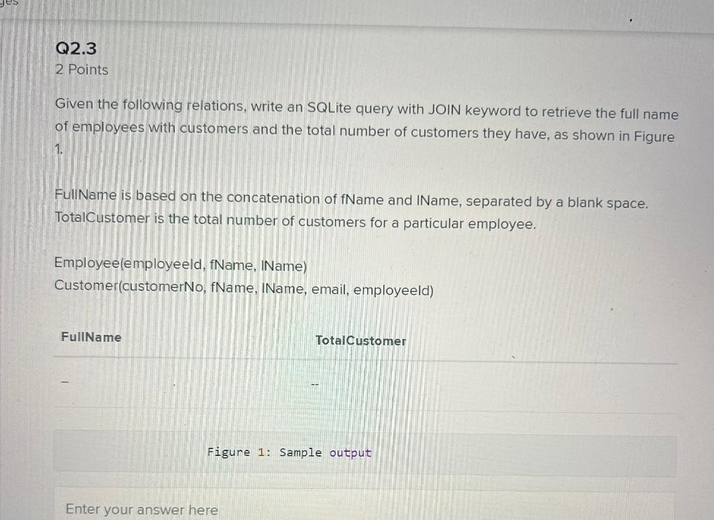 Q2 3 2 Points Given The Following Relations Write An Sqlite Query With Join Keyword To Retrieve The Full Name Of Employ 1