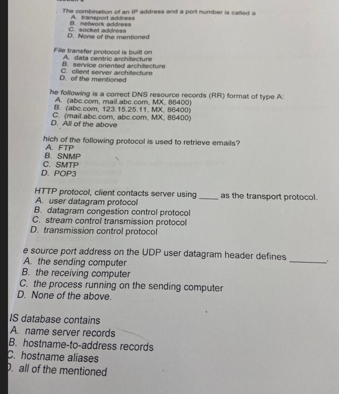 The Combination Of An Ip Address And A Port Number Is Called A A Transport Address B Network Address C Socket Address D 1