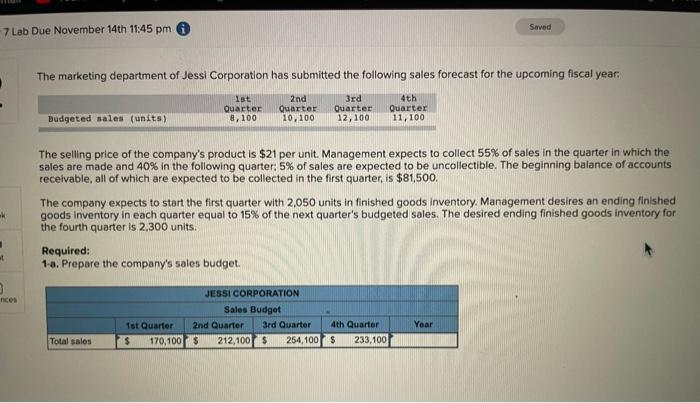 Served 7 Lab Due November 14th 11 45 Pm The Marketing Department Of Jessi Corporation Has Submitted The Following Sales 1