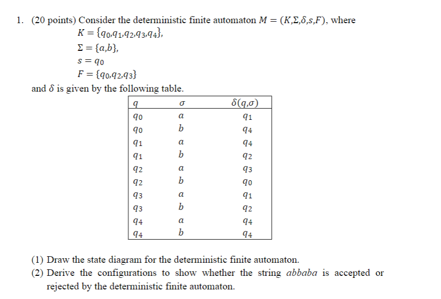O O A 1 20 Points Consider The Deterministic Finite Automaton M K 8 8 8 F Where K 90 91 92 93 94 I A B S 1