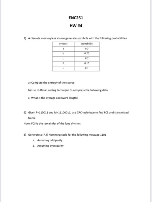 Enc251 Hw 4 1 A Discrete Memoryless Source Generates Symbols With The Following Probabilities Symbol Probability A 0 3 1