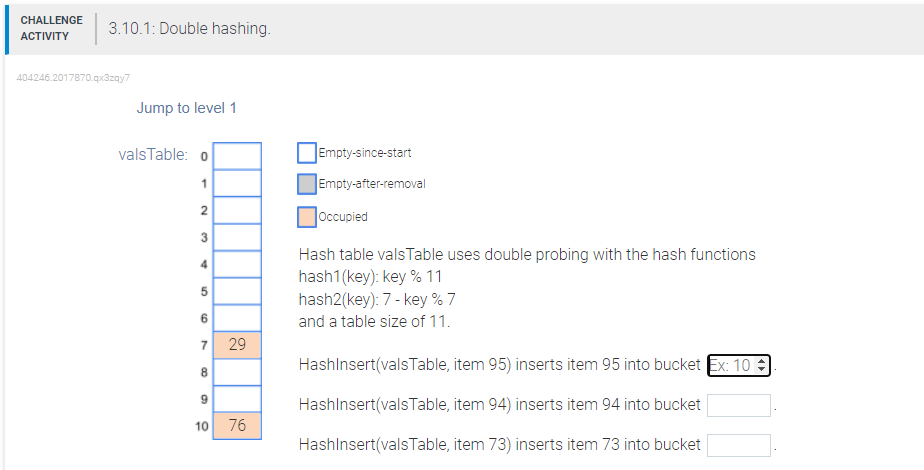 Challenge Activity 3 10 1 Double Hashing 404246 2017870 Qx3zqy7 Jump To Level 1 Valstable 0 Empty Since Start Empty A 1