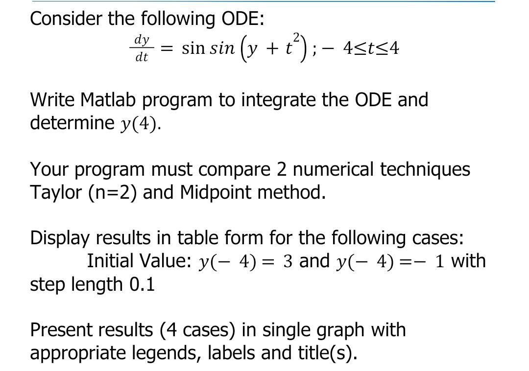 Consider The Following Ode Dy Sin Sin Y T T 4sts4 Dt Write Matlab Program To Integrate The Ode And Deter 1