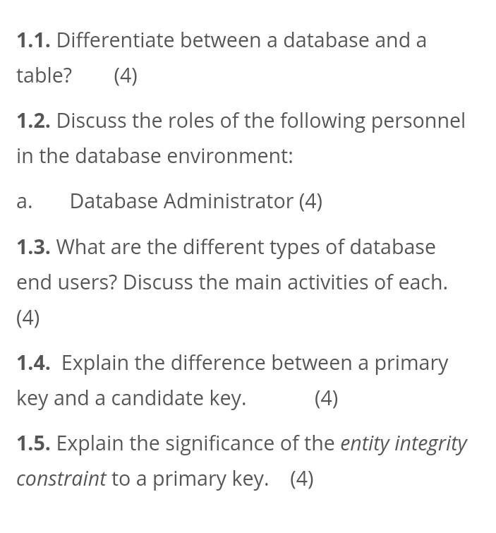 1 1 Differentiate Between A Database And A Table 4 1 2 Discuss The Roles Of The Following Personnel In The Database 1