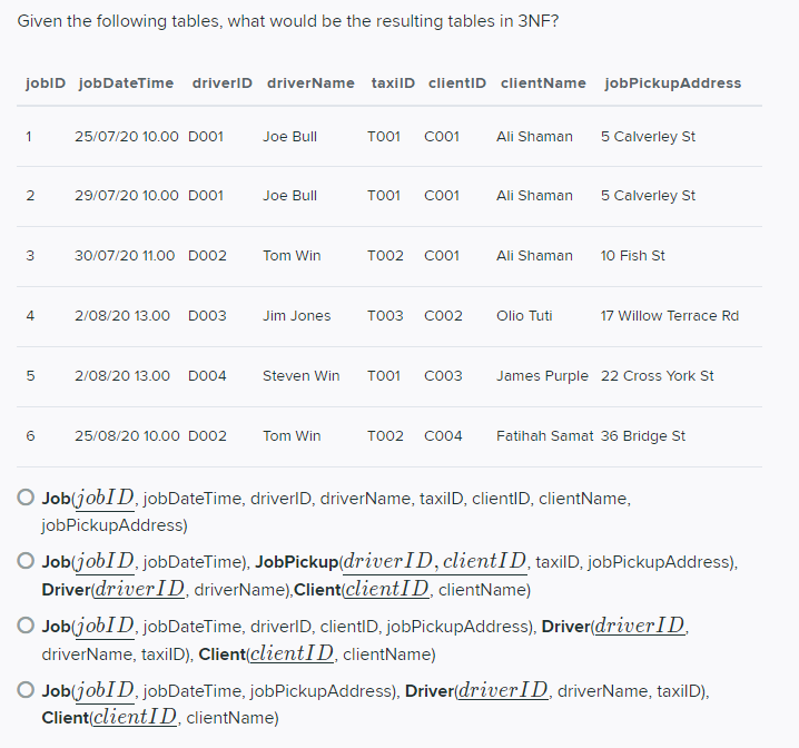 Given The Following Tables What Would Be The Resulting Tables In 3nf Jobid Jobdatetime Driverld Drivername Taxild Clie 1