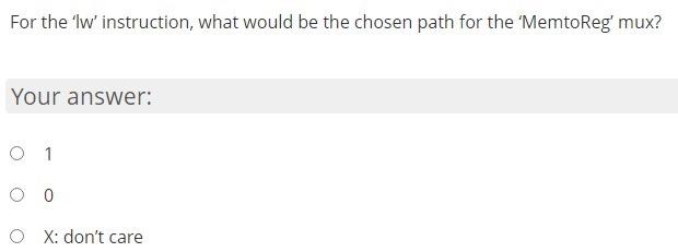 For The Lw Instruction What Would Be The Chosen Path For The Memtoreg Mux Your Answer 0 1 0 0 O X Don T Care 1