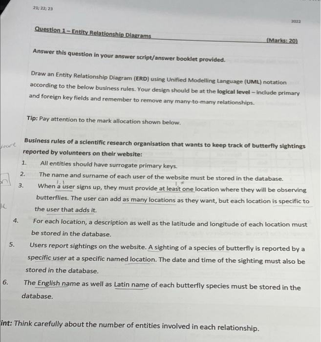 21 22 23 Question 1 Entity Relationship Diagrams Marks 20 Answer This Question In Your Answer Script Answer Booklet 1