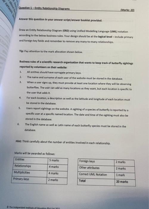 Question 1 Entity Relationship Diagrams Marks 20 Answer This Question In Your Answer Script Answer Booklet Provided D 1