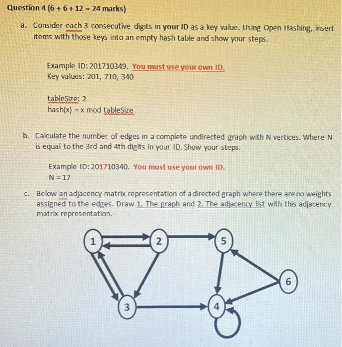 Question 4 6 6 12 24 Marks A Consider Each 3 Consecutive Digits In Your Id As A Key Value Using Open Hashing 2