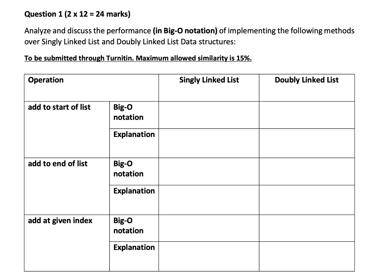 Question 1 2 X 12 24 Marks Analyze And Discuss The Performance In Big O Notation Of Implementing The Following Met 1
