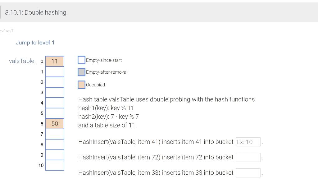 3 10 1 Double Hashing X3 07 Jump To Level 1 Vals Table 0 11 Empty Since Start 1 Empty After Removal 2 Occupied 3 On W 1