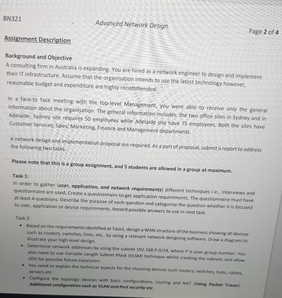 Bn321 Advanced Network Design Page 2 Of 4 Assignment Description Background And Objective A Consulting Firm In Australia 1