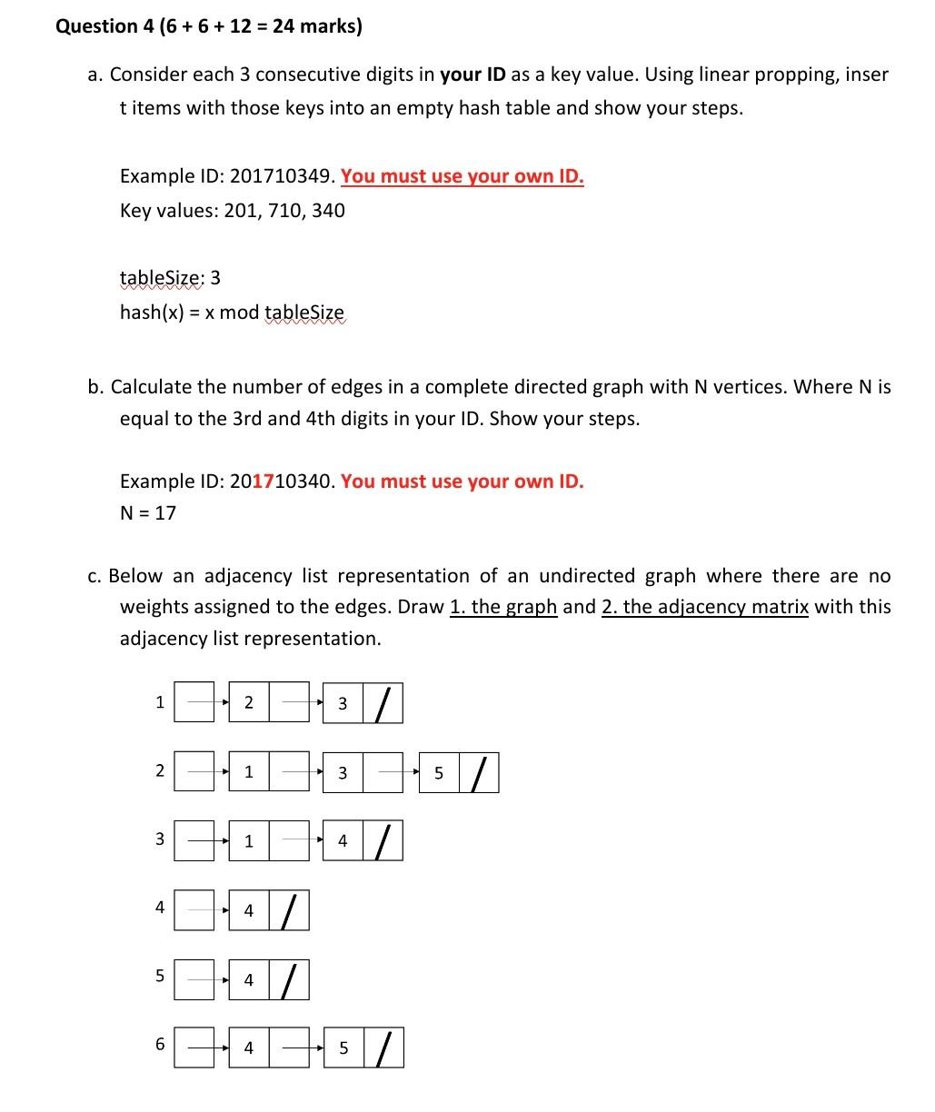 Question 4 6 6 12 24 Marks A Consider Each 3 Consecutive Digits In Your Id As A Key Value Using Linear Proppin 1