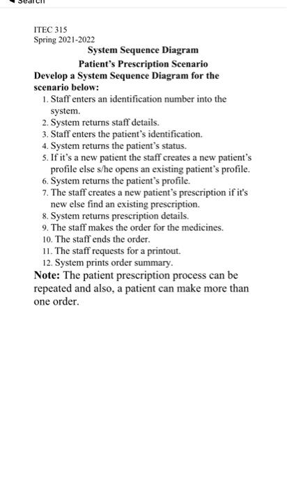Itec 315 Spring 2021 2022 System Sequence Diagram Patient S Prescription Scenario Develop A System Sequence Diagram For 1