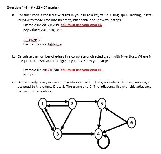 Question 4 6 6 12 24 Marks A Consider Each 3 Consecutive Digits In Your Id As A Key Value Using Open Hashing 1