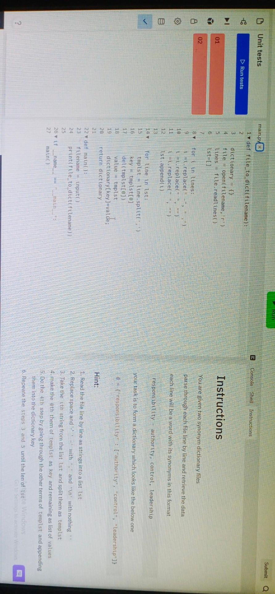 Submit O Unit Tests Main Py Do O E Console Shell Instructions D Run Tests I Instructions 01 02 You Are Given Two Synonym 1