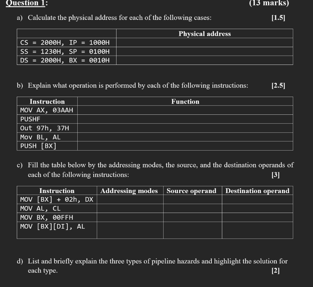 Question 1 13 Marks 1 5 A Calculate The Physical Address For Each Of The Following Cases Physical Address Cs 20 1