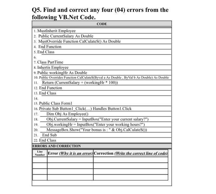 Q5 Find And Correct Any Four 04 Errors From The Following Vb Net Code Code 1 Mustinherit Employee 2 Public Current 1