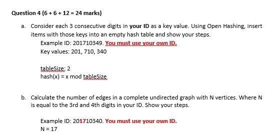 Question 4 6 6 12 24 Marks A Consider Each 3 Consecutive Digits In Your Id As A Key Value Using Open Hashing 1