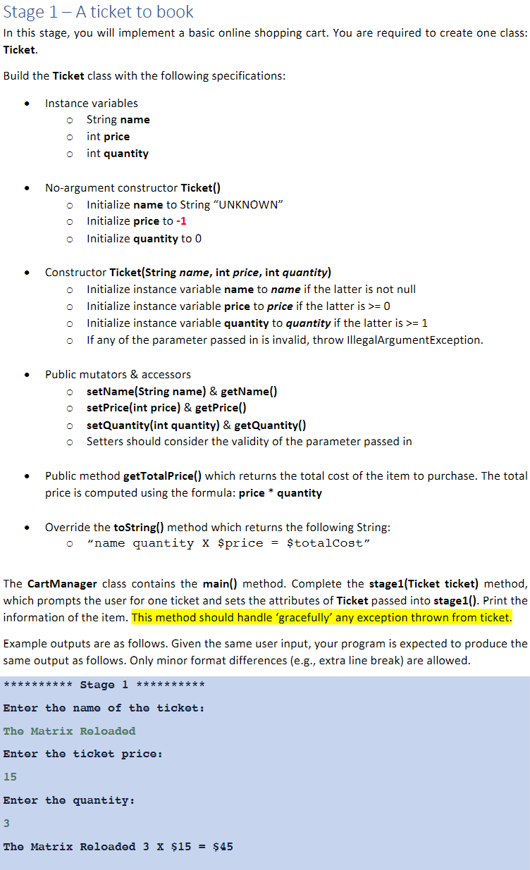 Stage 1 A Ticket To Book In This Stage You Will Implement A Basic Online Shopping Cart You Are Required To Create One 1