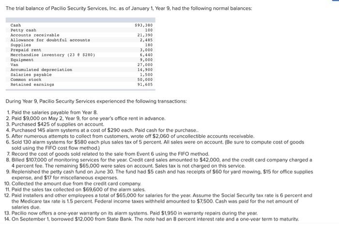 The Trial Balance Of Pacilio Security Services Inc As Of January 1 Year 9 Had The Following Normal Balances Cash Pe 1