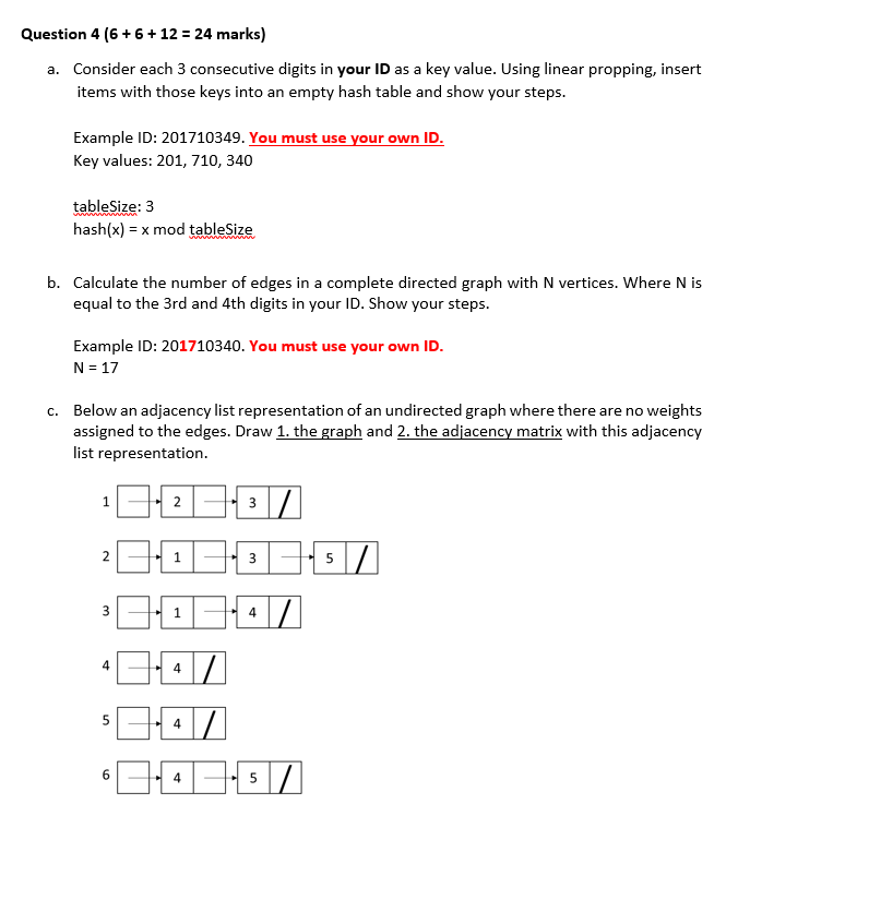 Question 4 6 6 12 24 Marks A Consider Each 3 Consecutive Digits In Your Id As A Key Value Using Linear Proppin 1
