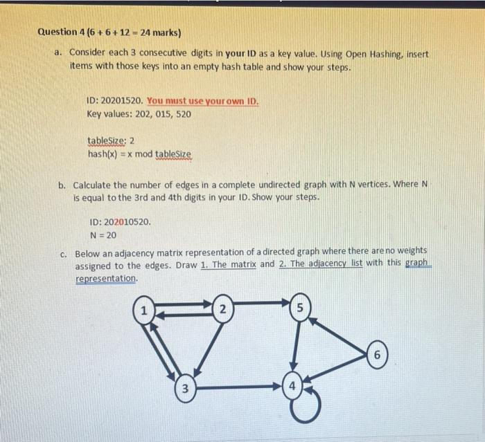 Question 4 6 6 12 24 Marks A Consider Each 3 Consecutive Digits In Your Id As A Key Value Using Open Hashing In 2